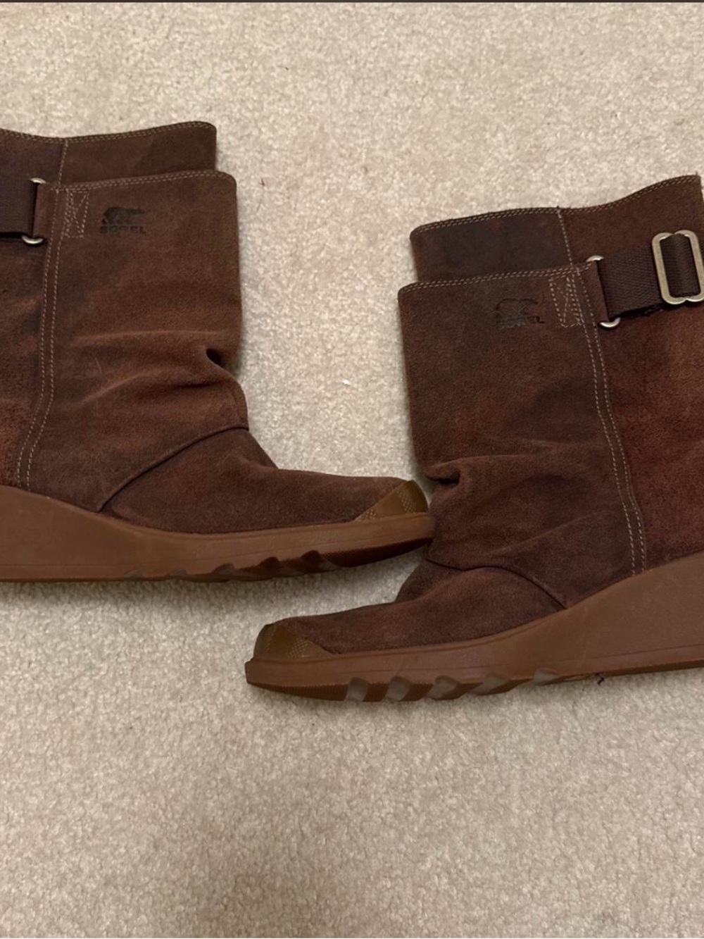 Sorel Brown Suede Wedge Ankle Boots with Buckle Strap